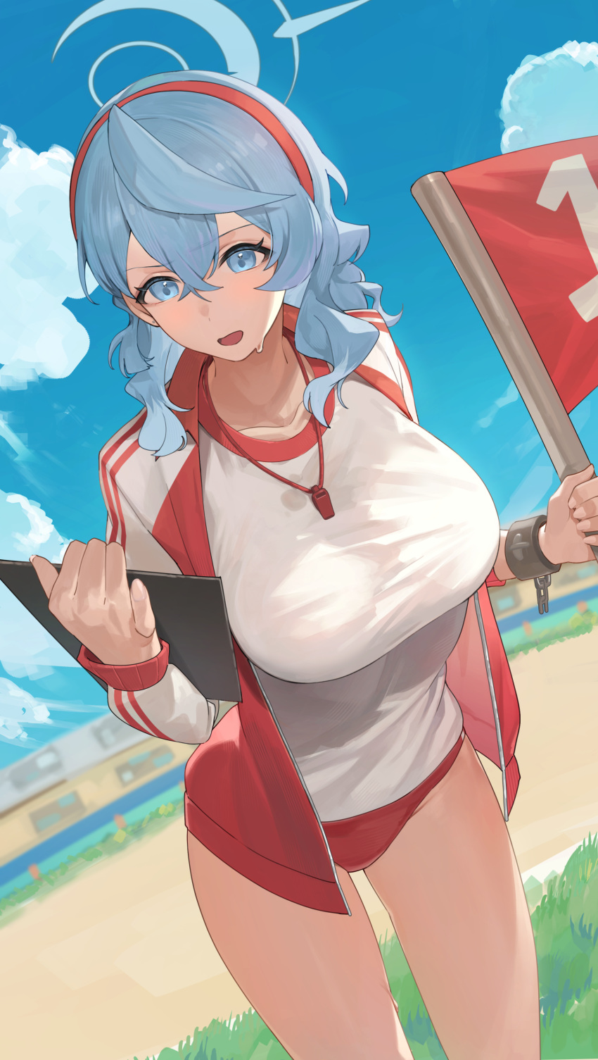 1girl absurdres ako_(blue_archive) ao_tsukushi blue_archive blue_eyes blue_hair blue_sky blush breasts buruma clipboard flag gym_uniform halo headband highres jacket large_breasts long_hair long_sleeves looking_at_viewer open_mouth red_buruma red_headband red_jacket shirt sky solo thighs track_jacket white_shirt