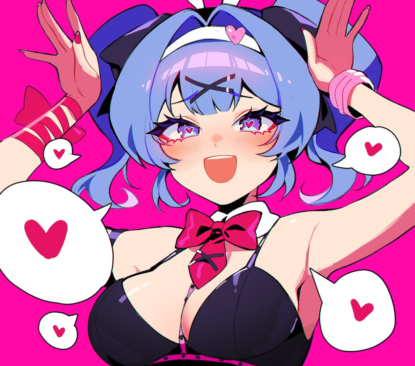 1girl :d animal_ears armlet armpits bare_shoulders black_ribbon blue_eyes blue_hair blush bow bowtie bracelet breasts cleavage detached_collar fake_animal_ears hair_ornament hair_ribbon hairband hands_up hatsune_miku heart heart-shaped_pupils highres jewelry large_breasts long_hair looking_at_viewer nail_polish open_mouth pink_background portrait rabbit_ears rabbit_hole_(vocaloid) rabbit_pose red_bow red_bowtie red_nails ribbon savi_(byakushimc) sidelocks smile solo spoken_heart symbol-shaped_pupils teeth twintails upper_teeth_only vocaloid white_hairband wrist_ribbon x_hair_ornament
