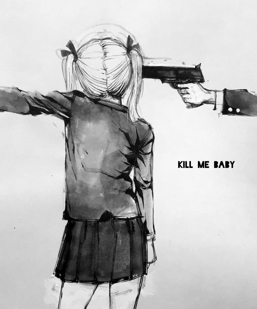 1girl aiming arm_at_side bad_id bad_pixiv_id buttoned_cuffs copyright_name cowboy_shot facing_away finger_on_trigger from_behind grey_background greyscale gun gun_to_head hair_ribbon handgun highres holding holding_gun holding_weapon imminent_suicide jacket kill_me_baby long_hair long_sleeves monochrome outstretched_arm pleated_skirt ribbon sharpen_(optimasplime_fantazy) sketch skirt solo sonya_(kill_me_baby) standing twintails weapon