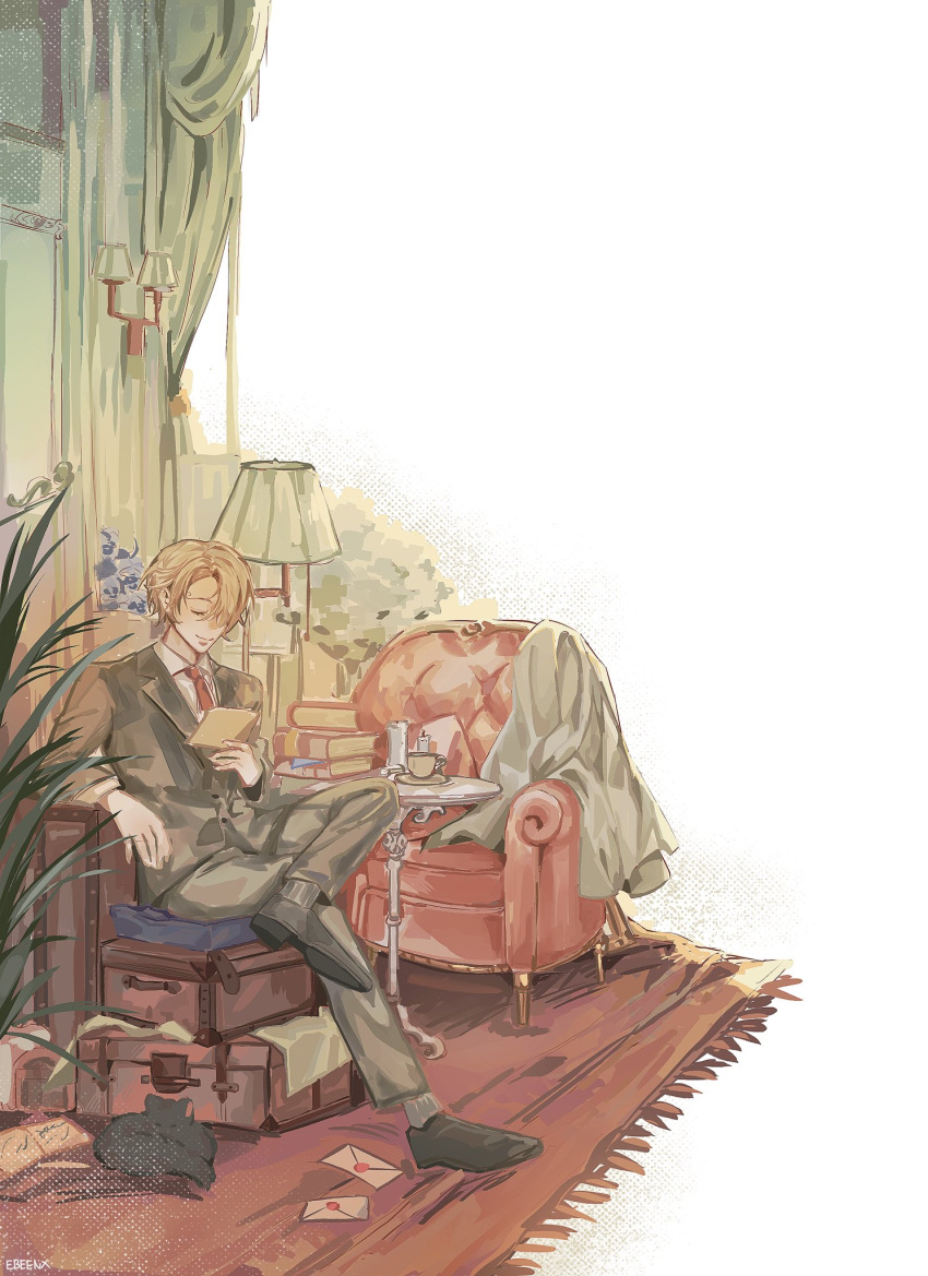 1boy beens_1995 black_suit blonde_hair book candle cat chair closed_eyes crossed_legs cup highres holding holding_letter indoors lamp letter love_letter necktie one_piece plant potted_plant red_necktie sanji_(one_piece) shirt short_hair sitting smile suit table teacup white_shirt