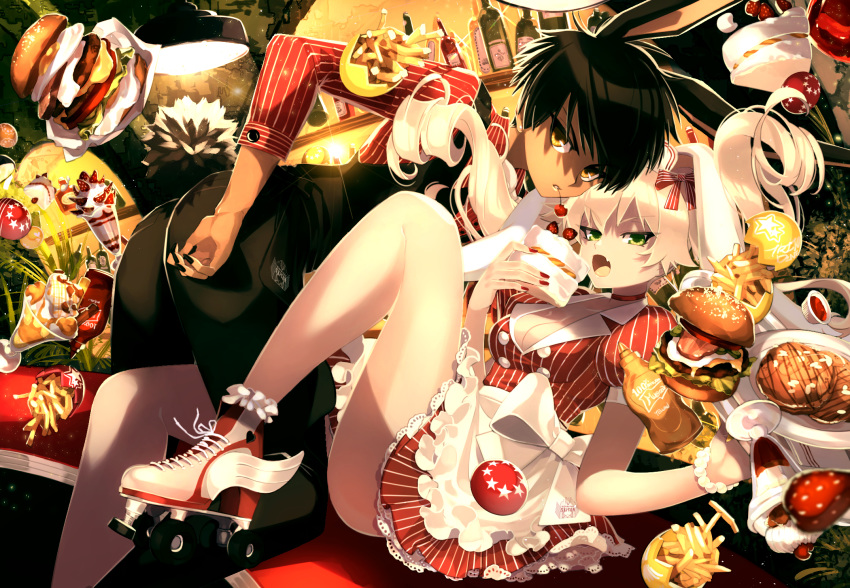 1boy 1girl :o androgynous animal_ears apron bead_bracelet beads bent_over black_hair black_nails black_pants black_vest blonde_hair bottle bow bracelet breasts bunny_ears bunny_tail cake cherry choker cleavage commentary dark_skin dark_skinned_male deep_submarine dress fang food french_fries fruit green_eyes hair_bow hamburger highres holding holding_food in_food jewelry ketchup_bottle knee_up long_hair long_sleeves medium_breasts mouth_hold mustard mustard_bottle nagata_shuu nail_polish open_mouth original pants parfait parted_lips pinstripe_pattern plate puffy_short_sleeves puffy_sleeves reclining red_bow red_dress red_nails red_shirt roller_skates shirt short_dress short_sleeves skates slice_of_cake strawberry striped striped_shirt tail tsurime twintails v-shaped_eyebrows vertical-striped_dress vertical-striped_shirt vertical_stripes vest waist_apron waitress yellow_eyes