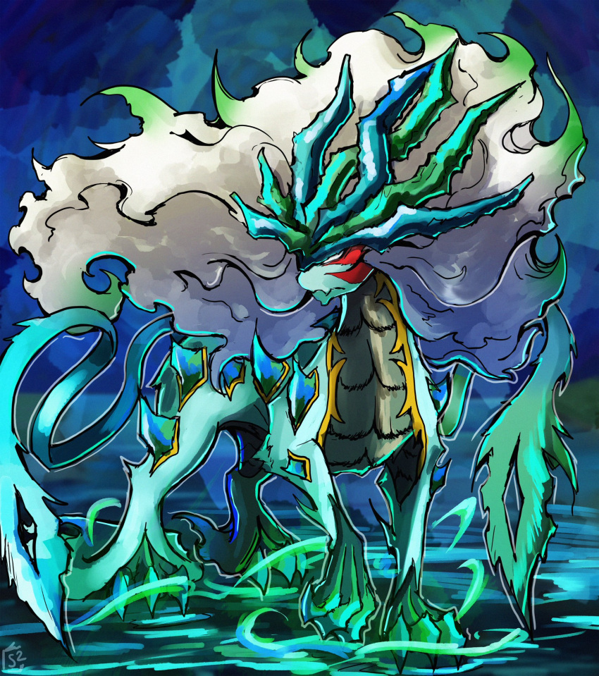 alternate_color alternate_eye_color aura claws corruption dark_persona facial_tattoo fierce_deity highres horns long_hair looking_to_the_side no_pupils pokemon pokemon_(creature) pokemon_gsc possessed standing standing_on_liquid stoic_seraphim suicune tattoo the_legend_of_zelda the_legend_of_zelda:_majora's_mask water white_eyes white_hair