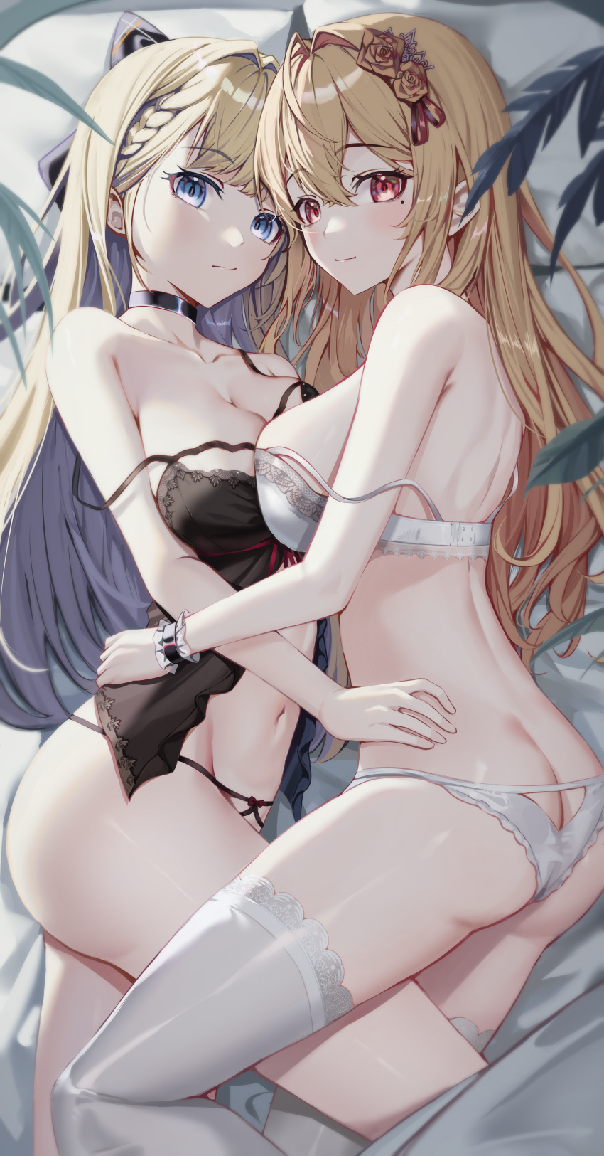 2girls absurdres ass babydoll bare_arms bare_shoulders black_babydoll black_choker black_panties blonde_hair blue_eyes blue_hair bow bra braid breasts choker cleavage closed_mouth colored_inner_hair commission cream_(cream) crown_hair_ornament expressionless flower ha_en hair_bow hair_flower hair_ornament highres large_breasts lingerie long_hair looking_at_viewer lying medium_breasts mole mole_under_eye multicolored_hair multiple_girls navel on_side orange_hair original panties red_eyes second-party_source sonya_(schan) stomach thighhighs thighs underwear underwear_only white_bra white_panties white_thighhighs wristband