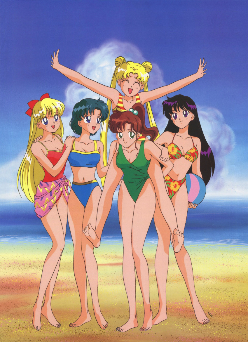 1990s_(style) 5girls absurdres aino_minako ball barefoot beach beachball bikini bishoujo_senshi_sailor_moon black_hair blonde_hair blue_bikini blue_eyes blue_hair bow breasts brown_hair carrying casual_one-piece_swimsuit cleavage closed_eyes day double_bun earrings floral_print green_eyes green_one-piece_swimsuit hair_bobbles hair_bow hair_bun hair_ornament hand_on_another's_shoulder high_ponytail highres hino_rei holding holding_ball jewelry kino_makoto long_hair mizuno_ami multiple_girls navel non-web_source official_art one-piece_swimsuit open_mouth outdoors outstretched_arms piggyback purple_eyes red_one-piece_swimsuit retro_artstyle sarong scan short_hair smile spread_arms standing striped_clothes striped_one-piece_swimsuit stud_earrings swimsuit tsukino_usagi twintails