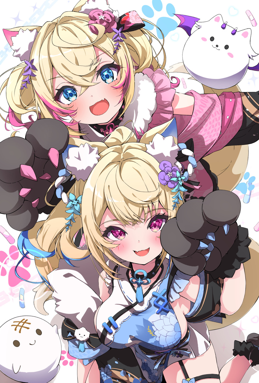 2girls absurdres animal_ear_fluff animal_ears animal_hands black_collar black_sash blonde_hair blue_eyes blue_hair blue_kimono blush breasts collar colored_inner_animal_ears commentary dog_ears dog_girl dog_paws dog_tail floral_print_kimono flower fumi_(fumibeing) fuwawa_abyssgard fuwawa_abyssgard_(new_year) hair_flower hair_ornament highres hololive hololive_english japanese_clothes kimono large_breasts long_hair looking_at_viewer mococo_abyssgard mococo_abyssgard_(new_year) multicolored_hair multiple_girls official_alternate_costume open_mouth paw_print perroccino_(fuwamoco) pink_eyes pink_hair pink_kimono ponytail sash siblings sideless_kimono sisters sleeveless sleeveless_kimono spiked_collar spikes streaked_hair tail twins virtual_youtuber