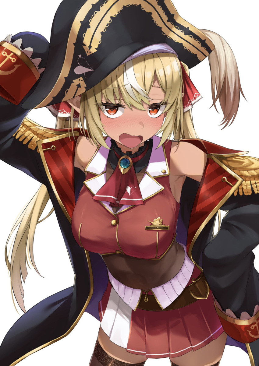 1girl black_coat black_thighhighs blonde_hair blush breasts coat cosplay cropped_jacket dark-skinned_female dark_skin hat highres hololive houshou_marine houshou_marine_(1st_costume) houshou_marine_(cosplay) jacket large_breasts leotard leotard_under_clothes looking_at_viewer multicolored_hair open_mouth pirate_hat pleated_skirt red_eyes red_jacket red_skirt roridaitouryou shiranui_flare simple_background skirt sleeveless sleeveless_jacket solo sweat thighhighs two-sided_coat two-sided_fabric virtual_youtuber white_background white_hair