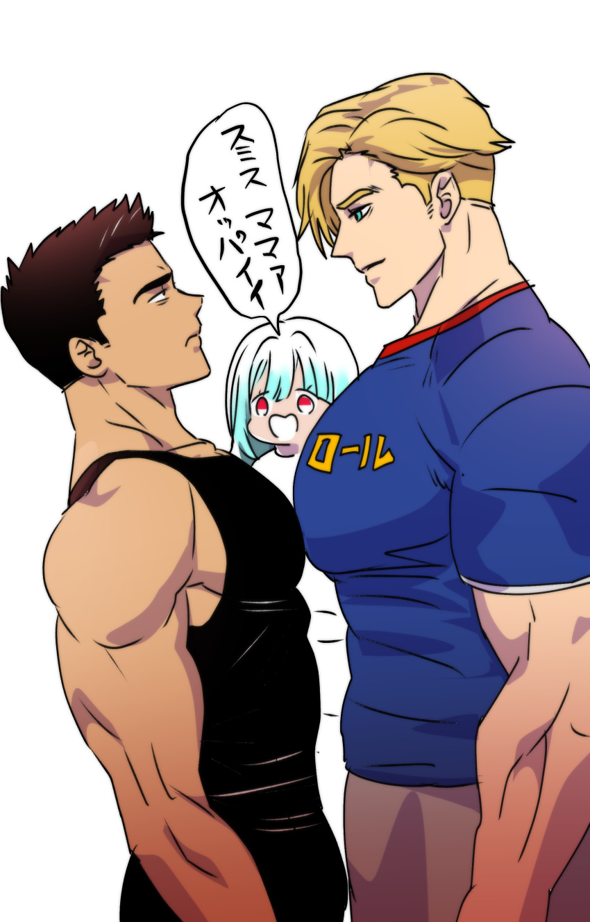 1girl 2boys absurdres aitanso ao_isami bara black_hair black_tank_top blonde_hair couple cowboy_shot doodle_inset expressionless eye_contact facial_hair from_side fujoshi highres large_pectorals lewis_smith looking_at_another lulu_(bang_bravern) male_focus multiple_boys muscular muscular_male pectoral_docking pectoral_press pectorals profile sideburns_stubble sidepec stubble tank_top thick_eyebrows translation_request triceps yaoi yuuki_bakuhatsu_bang_bravern