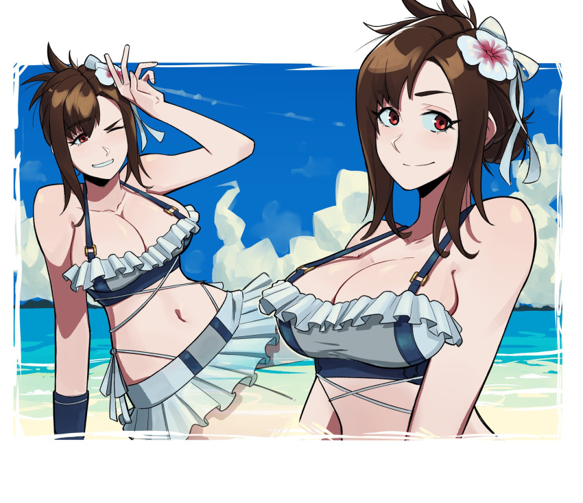 1girl aneurysm_ax arm_behind_head arm_up beach bikini bikini_skirt black_hair breasts cleavage dual_persona final_fantasy final_fantasy_vii final_fantasy_vii_rebirth final_fantasy_vii_remake flower folded_ponytail frilled_bikini frills hair_flower hair_ornament highres large_breasts midriff navel official_alternate_costume one_eye_closed red_eyes smile solo swimsuit thong tifa_lockhart white_bikini