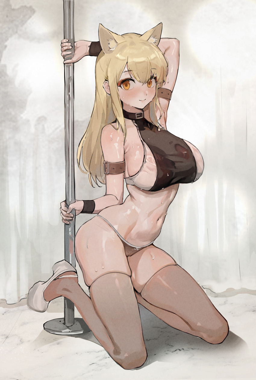 1girl animal_ears arm_belt armpits bad_id bad_pixiv_id bare_shoulders black_choker black_shirt blonde_hair blush breasts brown_panties brown_thighhighs cameltoe check_copyright choker closed_mouth commission copyright_request crop_top extra_ears eyeshadow g9ls9e1byz9pz9g highres kneeling large_breasts long_hair looking_at_viewer makeup navel no_pants nose_blush orange_eyes original panties pole pole_dancing shirt shoes sideboob sidelocks skindentation sleeveless sleeveless_shirt smile solo stomach string_panties stripper_pole sweat sweatband taut_clothes taut_shirt thighhighs thighs underwear white_footwear