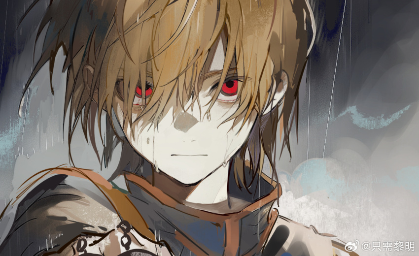 1boy blonde_hair chain closed_mouth empty_eyes hair_between_eyes hair_over_one_eye hand_up hunter_x_hunter kurapika looking_at_viewer male_focus medium_hair rain red_eyes smoke solo storm upper_body zhi_xu_li_ming