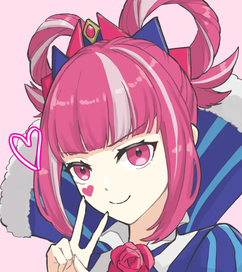 1girl blunt_bangs closed_mouth facial_mark fire_emblem fire_emblem_engage flower hair_rings heart heart_facial_mark highres hortensia_(fire_emblem) looking_at_viewer multicolored_hair pink_background pink_eyes pink_hair red_flower red_rose rose smile solo tea6043 two-tone_hair upper_body v