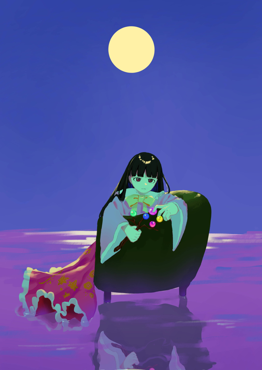 1girl absurdres armchair black_eyes black_hair blunt_bangs chair closed_mouth dress floral_print frilled_dress frills full_body full_moon highres hime_cut holding holding_stick horizon houraisan_kaguya long_hair long_sleeves looking_at_viewer moon orb outdoors pink_dress purple_background purple_sky reflection reflective_water s_u_d sitting sky solo stick touhou water wide_sleeves