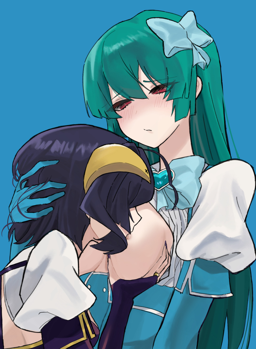 2girls areola_slip black_hair black_nails blue_background blue_hair blush breast_sucking breasts breasts_out commentary demon_horns english_commentary grabbing grabbing_another's_breast green_hair hair_ornament hand_on_another's_head highres hiiragi_utena horns long_hair looking_at_another looking_down magia_azul magia_baiser mahou_shoujo_ni_akogarete medium_breasts minakami_sayo multiple_girls red_eyes short_hair simple_background ulette yuri