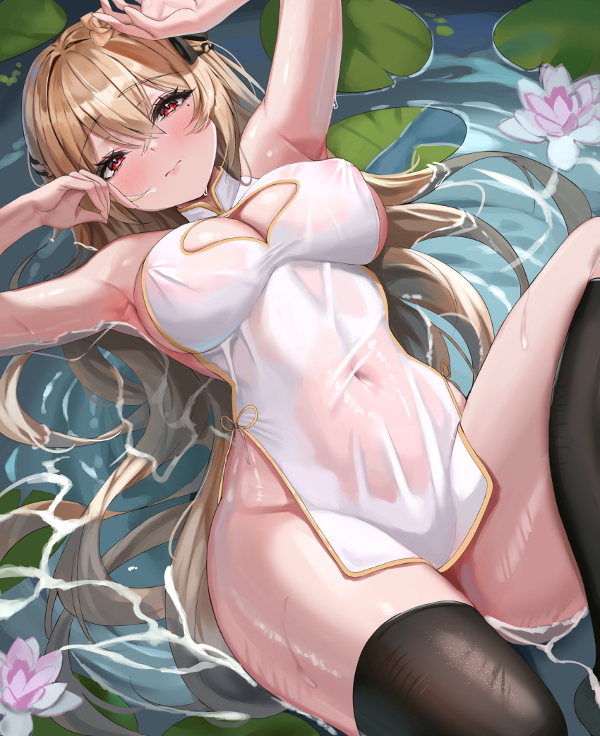 1girl 3: absurdres armpits arms_up artist_request bare_arms bare_shoulders black_thighhighs blonde_hair blush braid breasts china_dress chinese_clothes cleavage cleavage_cutout closed_mouth clothing_cutout commission covered_navel covered_nipples cream_(cream) dress gold_trim hair_ribbon heart_cutout highres large_breasts leg_up long_hair looking_at_viewer lying no_bra no_panties on_back original pelvic_curtain red_eyes ribbon second-party_source see-through short_dress side-tie_dress sleeveless sleeveless_dress solo thighhighs thighs very_long_hair water wet wet_clothes wet_dress white_dress