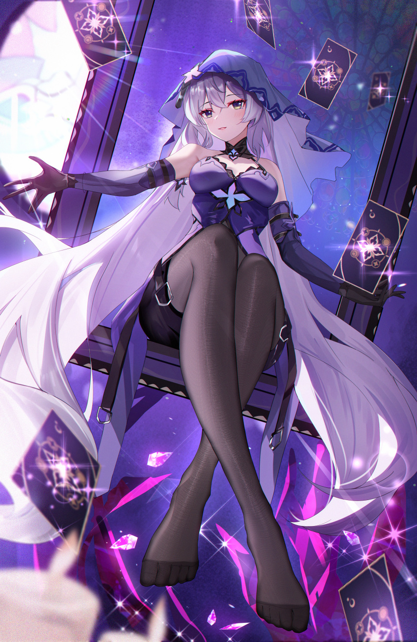 1girl absurdres bare_shoulders black_gloves black_swan_(honkai:_star_rail) brown_pantyhose card detached_sleeves dress feet gloves grey_eyes halter_dress halterneck highres honkai:_star_rail honkai_(series) legs long_hair long_sleeves looking_at_viewer no_shoes open_mouth outstretched_arms pantyhose purple_dress sitting sleeveless sleeveless_dress smile solo tarot tarot_(card) toes usagi_(786113654) veil very_long_hair white_hair