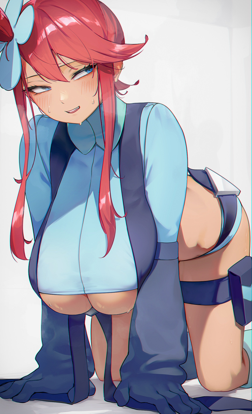 1girl all_fours blue_eyes blue_gloves breasts crop_top feet_out_of_frame gloves hair_ornament heavy_breathing highres kashu_(hizake) large_breasts long_hair midriff one_side_up open_mouth pokemon pokemon_bw red_hair short_shorts shorts sidelocks skyla_(pokemon) solo sweat tan underboob