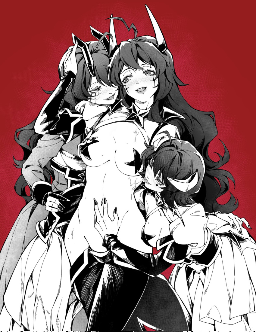 ahoge alohagible black_hair black_pasties blush breastless_clothes breasts clone corset cross cross-shaped_pupils cross_facial_mark cross_pasties eye_contact facial_mark fff_threesome fold-over_gloves forward_facing_horns group_sex highres hiiragi_utena horns long_hair looking_at_another lowleg lowleg_pants magia_baiser magical_girl mahou_shoujo_ni_akogarete medium_breasts multiple_girls multiple_persona navel open_mouth pants pasties purple_corset selfcest short_hair showgirl_skirt shrug_(clothing) simple_background smile star_pasties symbol-shaped_pupils threesome white_shrug wings yellow_horns yuri