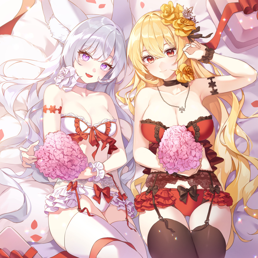 2girls animal_ear_fluff animal_ears arm_up armpits artist_request bare_shoulders bed_sheet black_choker black_thighhighs blonde_hair bouquet bra breasts choker cleavage closed_mouth collarbone commission cream_(cream) crown_hair_ornament flower fox_ears frilled_bra frilled_panties frills garter_belt hair_flower hair_ornament hair_spread_out highres holding holding_bouquet jewelry lace-trimmed_bra lace_trim large_breasts lingerie long_hair looking_at_viewer lying medium_breasts multiple_girls necklace on_back on_bed open_mouth original panties petals pink_flower red_bra red_panties rose scrunchie second-party_source smile thighhighs underwear underwear_only very_long_hair wavy_hair white_bra white_choker white_hair white_panties white_thighhighs wrist_scrunchie