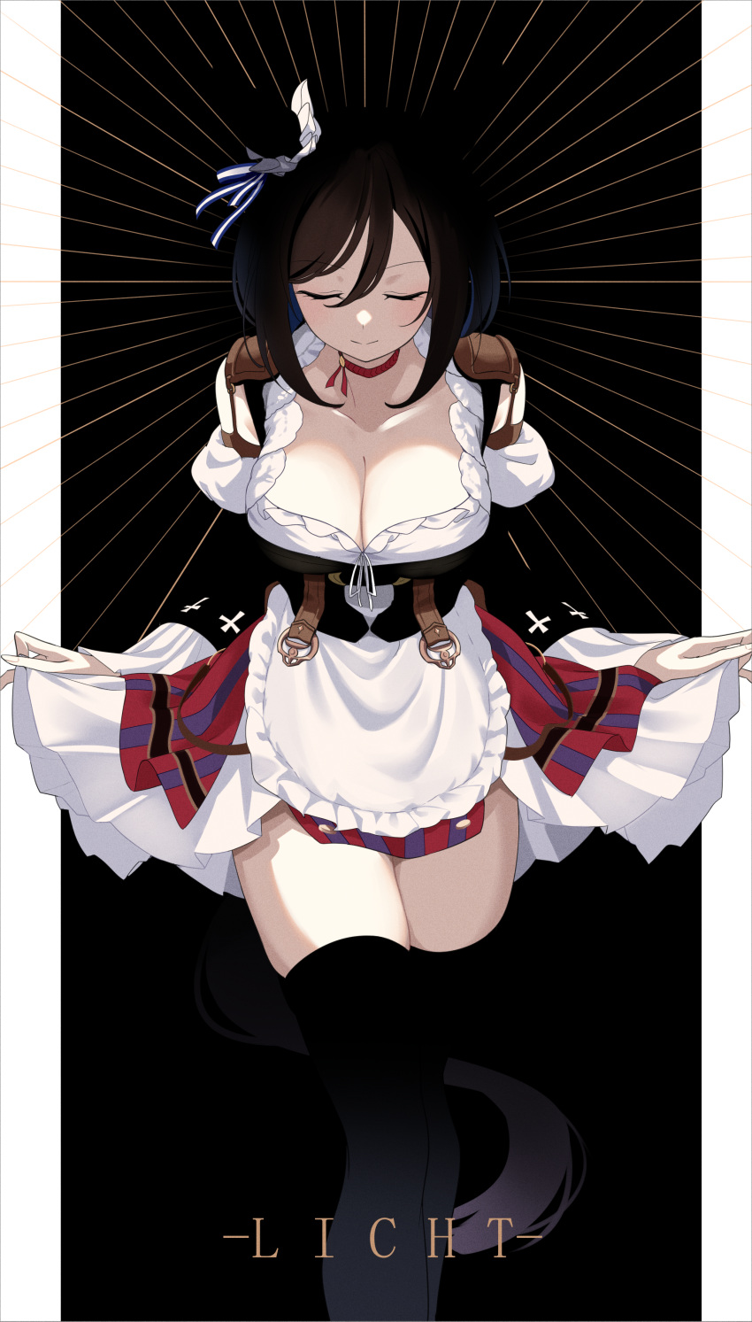 1girl absurdres animal_ears black_hair black_thighhighs breasts cleavage cleavage_cutout closed_eyes clothing_cutout collarbone commission curtsey detached_sleeves eishin_flash_(umamusume) frilled_sleeves frills german_clothes haibarasaika highres horse_ears horse_girl horse_tail pixiv_commission solo tail thighhighs umamusume