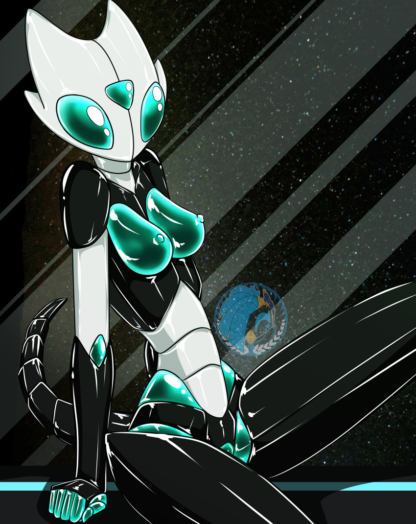 2024 5_fingers abstract_background absurd_res alien anthro arthropod artist_logo barely_visible_genitalia barely_visible_pussy biped black_body black_exoskeleton breasts cel_shading cyberqueenindustries digital_drawing_(artwork) digital_media_(artwork) empty_eyes exoskeleton female fingers front_view genitals hi_res humanoid_hands logo looking_at_viewer medium_breasts multicolored_body multicolored_exoskeleton nipples non-mammal_breasts pussy shaded sitting solo tapering_tail teal_breasts teal_eyes teal_nipples teal_pussy three-quarter_view watermark white_body white_exoskeleton