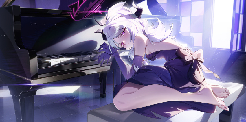 1girl absurdres backless_dress backless_outfit bare_legs bare_shoulders barefoot black_horns blue_archive blush breasts commentary_request demon_horns dress elbow_gloves feet gloves grand_piano halo head_rest highres hina_(blue_archive) hina_(dress)_(blue_archive) horns indoors instrument long_sleeves looking_at_viewer multicolored_halo multiple_horns no_wings official_alternate_costume official_alternate_hairstyle piano piano_keys purple_dress purple_gloves sitting small_breasts solo strapless strapless_dress two-tone_halo white_hair window yeyoutiangong