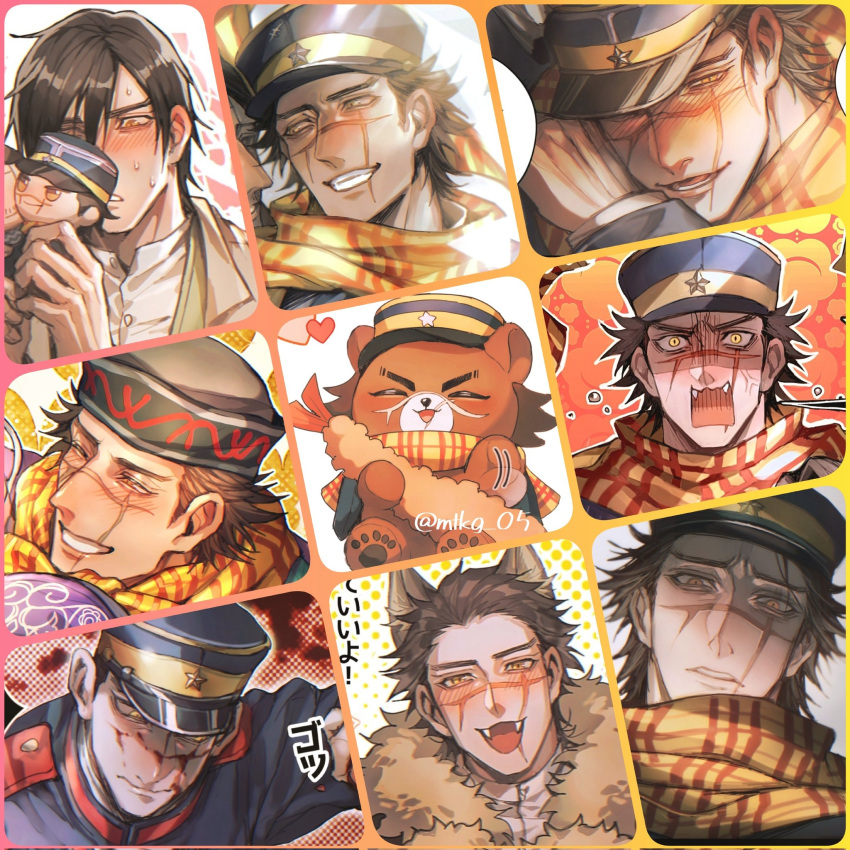 1boy afterimage alternate_hairstyle angry animal_ears bear_boy birthday blood blood_on_face blush character_print collage disdain dog_ears expressions fangs fangs_out frown furrification furry furry_male golden_kamuy grin hair_down hat hat_over_one_eye heart highres kemonomimi_mode kepi looking_at_viewer male_focus military_hat motion_lines official_alternate_hairstyle ra_north0409 scar scar_on_cheek scar_on_face scar_on_nose self_character_print smile sugimoto_saichi veiny_face