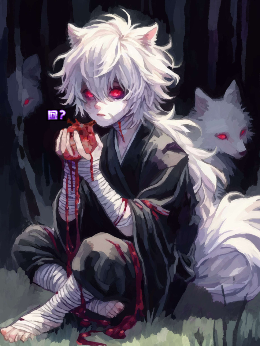 1boy ? absurdres animal_ears bishounen black_shirt blood blood_on_hands cannibalism full_body genshin_impact heart_(organ) highres long_hair male_focus razor_(genshin_impact) red_eyes shirt sitting solo tail white_hair wixtener wolf wolf_boy wolf_ears wolf_tail