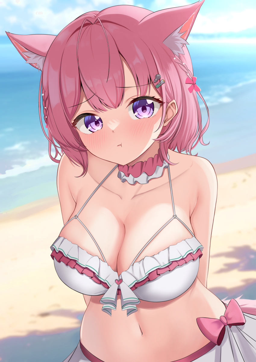 1girl 9696k :t absurdres animal_ears antenna_hair arms_behind_back bare_shoulders beach bikini blue_sky blush bow braid breasts choker cleavage closed_mouth cloud cloudy_sky collarbone day extra_ears frilled_bikini frilled_choker frills hair_ornament hair_ribbon hakui_koyori hakui_koyori_(summer) highres hololive large_breasts looking_at_viewer medium_hair navel ocean outdoors pink_bow pink_choker pink_hair pink_ribbon pout ribbon sand sky solo stomach swimsuit two-tone_choker virtual_youtuber water white_bikini white_choker wolf_ears wolf_girl
