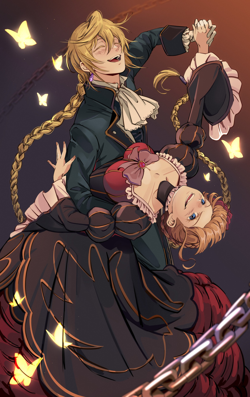 &gt;_&lt; 1boy 1girl :d absurdres beatrice_(umineko) black_dress black_vest blonde_hair blue_eyes bow braid brown_choker bug butterfly chain choker closed_eyes coat crossover dancing dress dress_bow frilled_choker frilled_dress frilled_sleeves frills green_coat highres jack_vessalius pandora_hearts smile umineko_no_naku_koro_ni uneasywolf vest xd