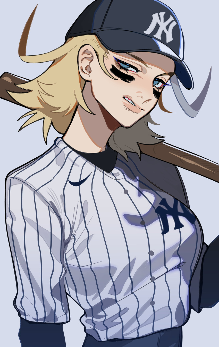 1girl 2024 absurdres alternate_costume baseball_bat baseball_cap baseball_uniform blonde_hair blue_eyes hat highres kingdom_hearts larxene porqueloin sneer sportswear white_background