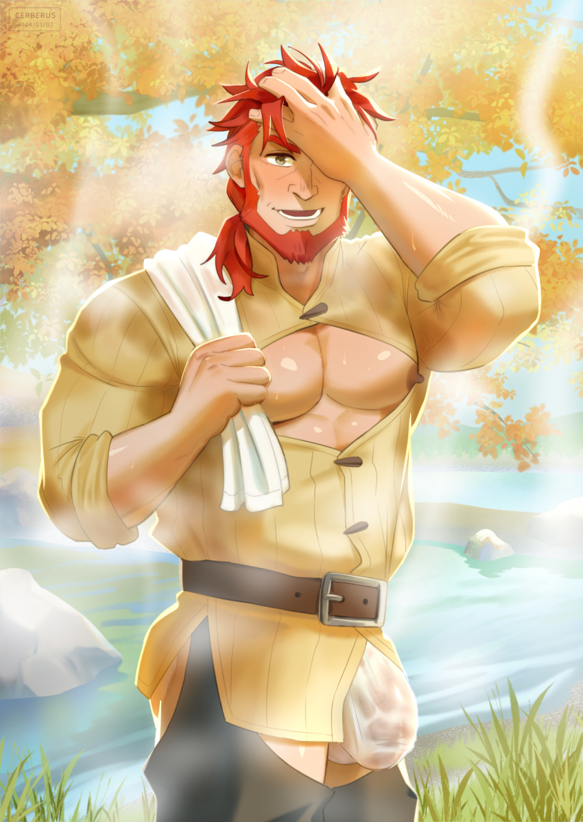 1boy bara bare_pectorals beard belgrieve_(s-rank_musume) boukensha_ni_naritai_to_miyako_ni_deteitta_musume_ga_s_rank_ni_natteta brown_eyes cerberus_arts covered_penis cowboy_shot crotchless crotchless_pants facial_hair forked_eyebrows full_beard hand_in_own_hair highres lake large_pectorals long_hair looking_at_viewer male_focus mature_male muscular muscular_male nipples paid_reward_available pants pectorals ponytail red_hair see-through solo steam thick_beard thick_eyebrows wet wrinkled_skin