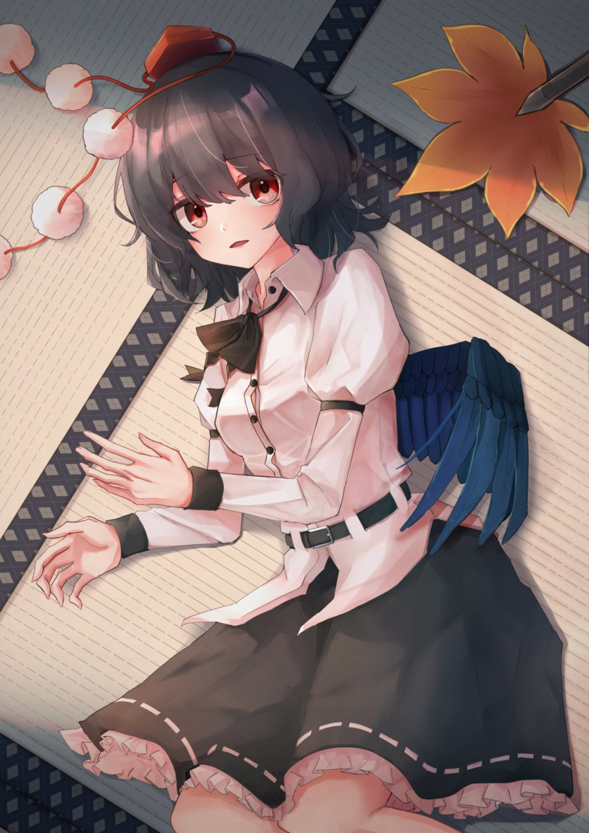 1girl ascot belt bird_wings black_ascot black_belt black_hair black_skirt black_wings collared_shirt feathered_wings frilled_sleeves frills hat hauchiwa highres juliet_sleeves long_sleeves on_floor parted_lips pom_pom_(clothes) puffy_sleeves red_eyes red_headwear shameimaru_aya shirt short_hair skirt taguno tokin_hat touhou white_shirt wings