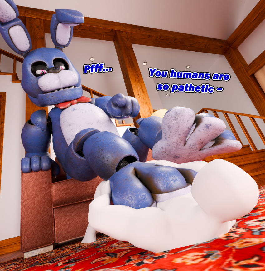 animatronic anon belly blue_body blue_ear_tips blue_head blue_legs blue_text bonnie_(fnaf) bow_tie d.i.l.l.i.g.a.f_(artist) dominant dominant_anon dominant_male english_text faceless_character feet five_nights_at_freddy's foot_fetish foot_focus foot_grab foot_on_chest furniture gesture hand_gesture hi_res human lagomorph lay_on_back lay_on_floor laying_on_carpet laying_on_floor leporid lying machine male mammal on_back on_carpet on_sofa pink_eyes pointing pointing_at_another rabbit red_accessory red_bow red_bow_tie red_bowtie red_carpet robot scottgames sitting sitting_on_sofa sofa teasing teasing_with_feet text white_belly white_ears white_feet white_snout