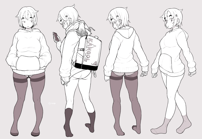 1girl absurdres ass backpack bag from_behind full_body glasses grey_background greyscale hair_ornament hands_in_pockets highres holding holding_phone hood hoodie koeru_otoge-san lineart long_sleeves looking_back monochrome neyuki_rei otouge_azuki panties pantyhose parted_lips phone scarf short_hair skirt_caught_on_object socks standing thick_eyebrows thighs underwear