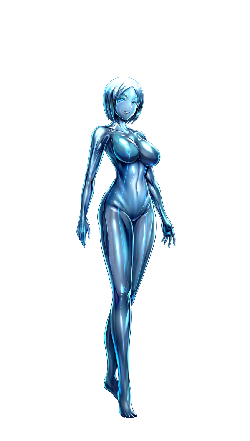 1girl absurdres arms_at_sides blue_eyes borrowed_character breasts closed_mouth collarbone colored_skin completely_nude full_body grey_hair grey_skin highres large_breasts metal_skin neon_trim nude original parted_bangs second-party_source shiny_skin short_hair silver_skin solo tachi-e transparent_background zivan-arts