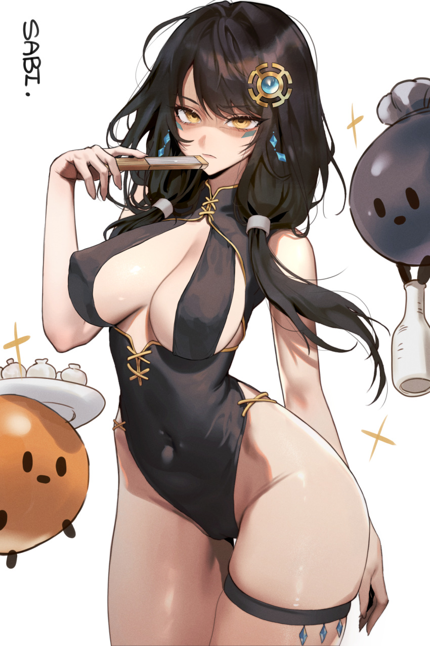 1girl arm_behind_back bare_arms bare_shoulders black_hair black_leotard breasts cameltoe cleavage closed_mouth commission covered_navel covered_nipples cowboy_shot disgust elsword eve_(2nas)_(elsword) eve_(elsword) facial_mark fan_to_mouth folding_fan frown gold_trim hair_ornament hair_over_shoulder hand_fan hand_up highleg highleg_leotard highres holding holding_fan leotard long_hair looking_at_viewer low_twintails medium_breasts no_bra sabi_(ghke4333) second-party_source shaded_face simple_background skindentation solo thigh_strap thighs twintails white_background yellow_eyes