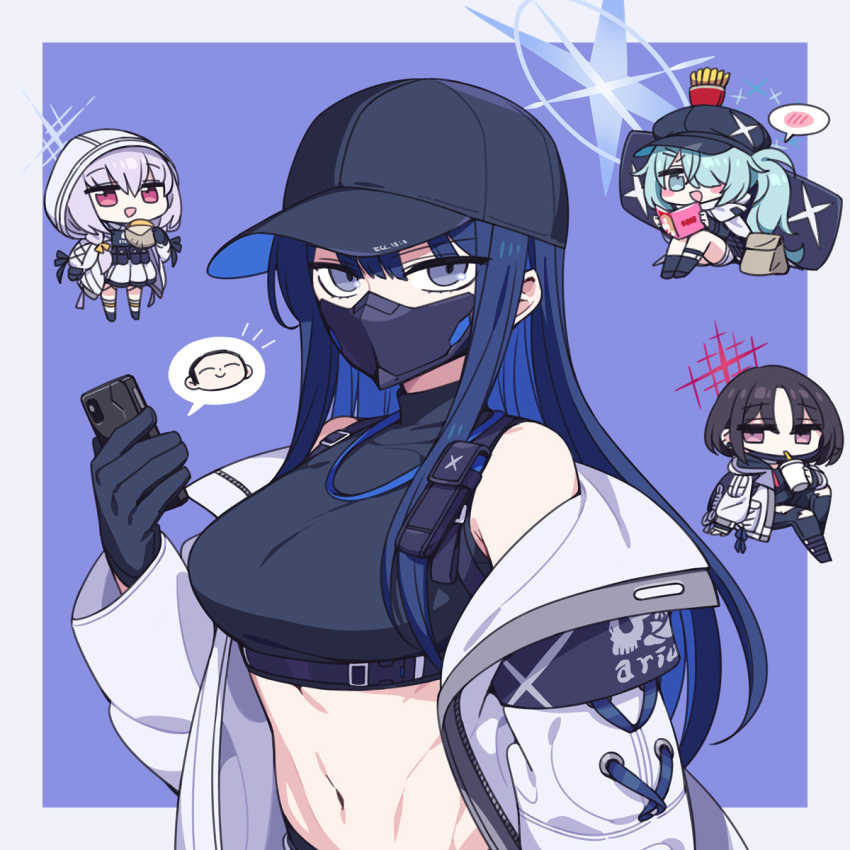 1boy 4girls arius_squad_(blue_archive) atsuko_(blue_archive) baseball_cap black_hair black_headwear blue_archive blue_eyes blue_hair blue_halo cellphone chan_co closed_mouth crop_top cup doodle_sensei_(blue_archive) drinking drinking_straw food french_fries hair_over_one_eye halo hat highres hiyori_(blue_archive) holding holding_cup holding_phone jacket long_hair long_sleeves looking_at_viewer mask misaki_(blue_archive) mouth_mask multiple_girls navel open_mouth phone pink_halo purple_eyes purple_hair reading saori_(blue_archive) sensei_(blue_archive) sitting smartphone smile spoken_blush star_(symbol) upper_body white_jacket