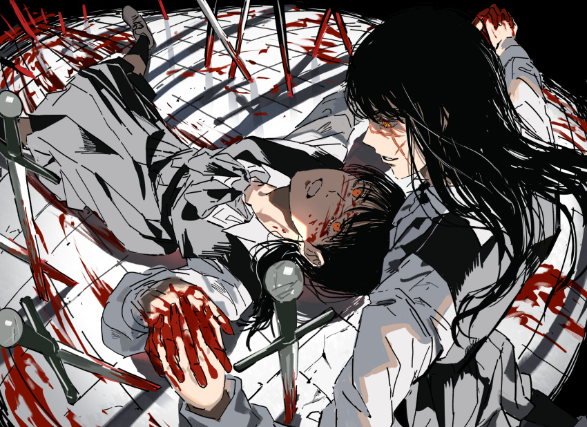 2girls black_dress black_hair black_socks blood blood_on_face blood_on_hands blood_on_weapon chainsaw_man commentary cross_tattoo dress fourth_east_high_school_uniform grin highres holding_hands long_hair long_sleeves looking_at_another low_twintails lying mitaka_asa multiple_girls orange_hair pinafore_dress planted planted_sword ringed_eyes scar scar_on_face school_uniform segami shirt shoes sleeveless sleeveless_dress smile socks sword symbol-only_commentary twintails weapon white_footwear white_shirt yellow_eyes yoru_(chainsaw_man)