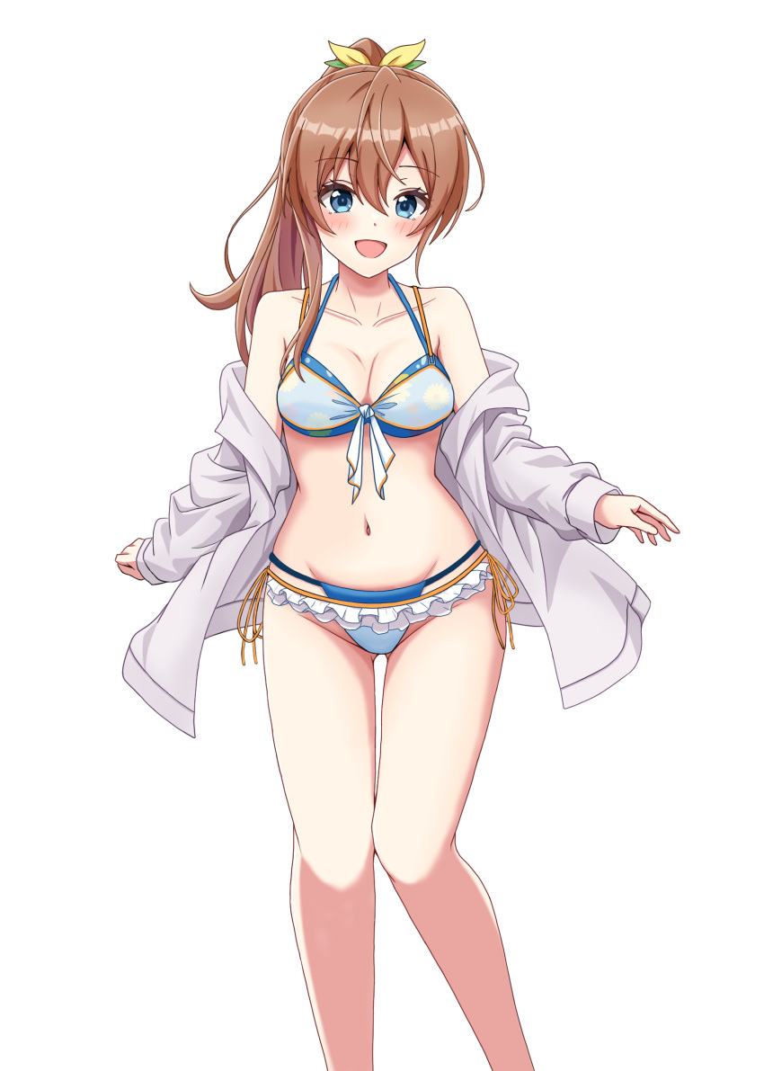 1girl absurdres arihara_tsubasa ass_visible_through_thighs bikini blue_eyes bow breasts brown_hair cinderella_series cleavage feet_out_of_frame front-tie_bikini_top front-tie_top hachigatsu_no_cinderella_nine highres hood hooded_jacket jacket long_hair medium_breasts open_clothes open_jacket shinshiro side-tie_bikini_bottom simple_background smile solo swimsuit thigh_gap white_background white_bikini white_jacket yellow_bow