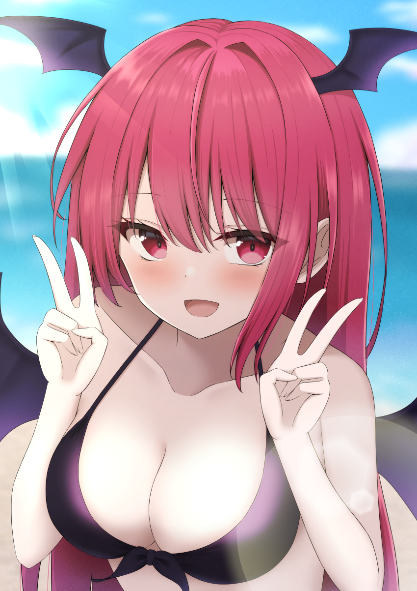 1girl :d absurdres alternate_costume bare_shoulders bat_wings beach bikini black_bikini black_wings blurry blurry_background blush breasts cleavage collarbone commentary_request day double_v eyes_visible_through_hair hair_between_eyes hands_up head_wings highres koakuma lens_flare light_rays long_hair looking_at_viewer medium_breasts ocean open_mouth outdoors red_eyes red_hair smile solo sunlight swimsuit szl touhou upper_body v wings