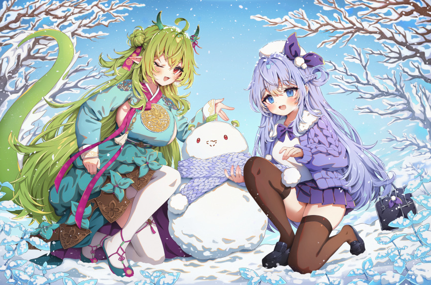 2girls absurdres ahoge arme_(cgsy7484) bare_tree beret black_bag black_footwear blue_eyes blue_hair bow bowtie braid breasts brown_thighhighs cardigan character_request commission day dragon_girl dragon_horns dragon_tail dress dress_flower fang full_body fur-trimmed_cardigan fur_trim garam_(ryeoubi) green_dress green_flower green_footwear green_hair green_horns green_tail hair_between_eyes hair_bun hair_ribbon hat highres horn_ornament horns korean_commentary large_breasts leaf loafers long_hair long_sleeves looking_at_viewer miniskirt multiple_girls mushroom obi obijime on_one_knee one_eye_closed open_cardigan open_clothes open_mouth original outdoors plant pleated_skirt pointy_ears pom_pom_(clothes) purple_bow purple_bowtie purple_cardigan purple_ribbon purple_scarf purple_skirt ribbon sash scarf shirt shoes sideboob_cutout single_hair_bun skirt small_breasts smile snow snow_on_head snowman tail tassel teeth thighhighs tree upper_teeth_only very_long_hair white_headwear white_shirt white_tassel white_thighhighs