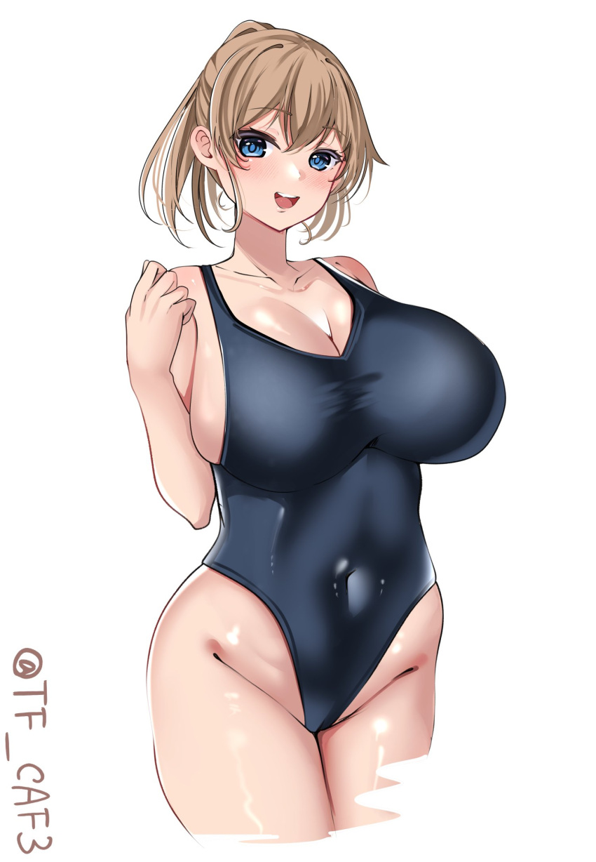 1girl alternate_costume black_one-piece_swimsuit blue_eyes blush breasts brown_hair cowboy_shot highres huge_breasts intrepid_(kancolle) kantai_collection large_breasts looking_at_viewer navel one-hour_drawing_challenge one-piece_swimsuit open_mouth ponytail short_hair simple_background smile solo swimsuit tf_cafe twitter_username white_background