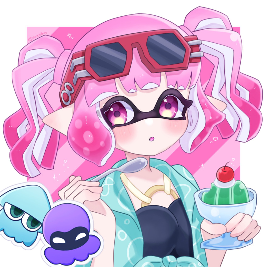 1girl :o cherry commentary cup eyelashes eyewear_on_head food fruit highres holding holding_cup holding_spoon inkling inkling_girl inkling_player_character pink_eyes pink_hair pointy_ears red-framed_eyewear short_hair simple_background solo splatoon_(series) spoon sunglasses tentacle_hair tonbofree twintails upper_body white_background