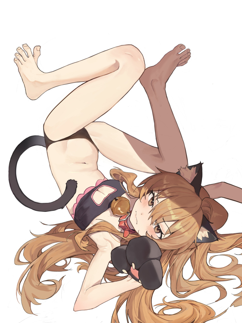 1girl absurdres aisaka_taiga alternate_costume animal_collar animal_ear_fluff animal_ears animal_hands armpits barefoot bell black_bra black_gloves black_panties black_tank_top blush bra breasts brown_eyes brown_hair cat_cutout cat_ears cat_lingerie chamchamshia chinese_commentary closed_mouth clothing_cutout collar commentary_request fake_animal_ears fake_tail feet gloves hair_between_eyes highres legs long_hair looking_at_viewer lying meme_attire navel neck_bell on_back panties paw_gloves shadow sidelocks simple_background small_breasts soles solo spread_toes stomach tail tank_top thighhighs toenails toes toradora! underwear upside-down very_long_hair wavy_mouth white_background