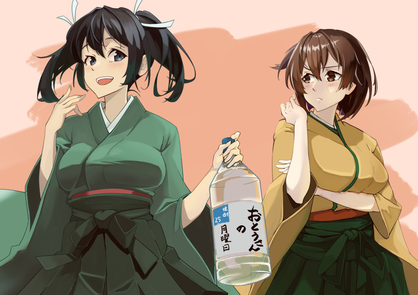 2girls absurdres blue_eyes blue_hair blush bottle breasts brown_hair echo-kilo green_hakama green_kimono hair_ribbon hakama hakama_short_skirt hakama_skirt highres hiryuu_(kancolle) japanese_clothes kantai_collection kimono large_breasts looking_at_viewer medium_hair multiple_girls open_mouth pink_background ribbon short_hair side_ponytail skirt smile souryuu_(kancolle) spirits_(alcohol) twintails white_background white_ribbon yellow_kimono