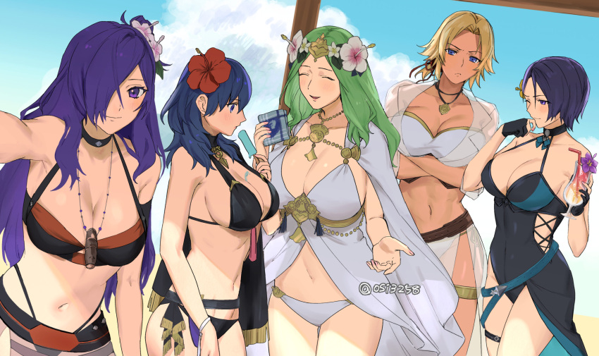 5girls bare_shoulders beach bikini black_bikini black_choker black_one-piece_swimsuit blonde_hair blue_eyes blue_hair breasts byleth_(female)_(fire_emblem) byleth_(female)_(summer)_(fire_emblem) byleth_(fire_emblem) casual_one-piece_swimsuit catherine_(fire_emblem) catherine_(summer)_(fire_emblem) choker cleavage commentary_request covered_navel fire_emblem fire_emblem:_three_houses fire_emblem_heroes fire_emblem_warriors:_three_hopes flower green_hair hair_between_eyes hair_flower hair_ornament hair_over_one_eye hibiscus highres large_breasts long_hair midriff multiple_girls navel official_alternate_costume one-piece_swimsuit open_mouth purple_eyes purple_hair rhea_(fire_emblem) rhea_(summer)_(fire_emblem) shamir_nevrand shamir_nevrand_(summer) shez_(female)_(fire_emblem) shez_(female)_(summer)_(fire_emblem) shez_(fire_emblem) short_hair smile stomach swimsuit ushiomi white_bikini yellow_flower