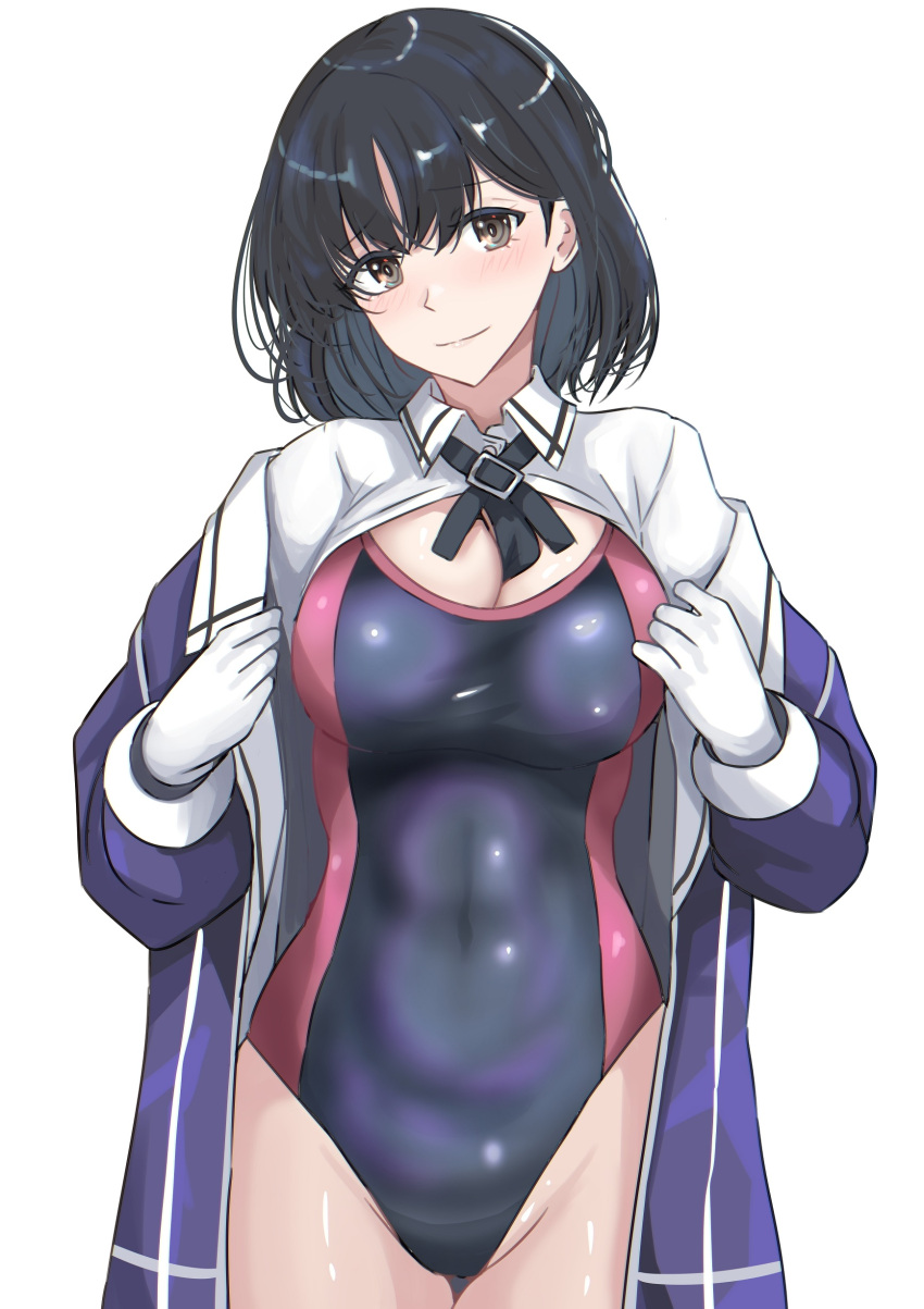 1girl absurdres black_hair black_one-piece_swimsuit blush breasts brown_eyes cleavage closed_mouth collarbone competition_swimsuit covered_navel cowboy_shot gloves grey_eyes haguro_(kancolle) haguro_kai_ni_(kancolle) highres jacket kantai_collection ken_(shutenndouji1) large_breasts long_sleeves looking_at_viewer medium_breasts military_uniform navel one-piece_swimsuit open_clothes open_jacket open_shirt pink_one-piece_swimsuit purple_jacket short_hair simple_background smile solo standing swimsuit swimsuit_under_clothes two-tone_swimsuit uniform white_background white_gloves