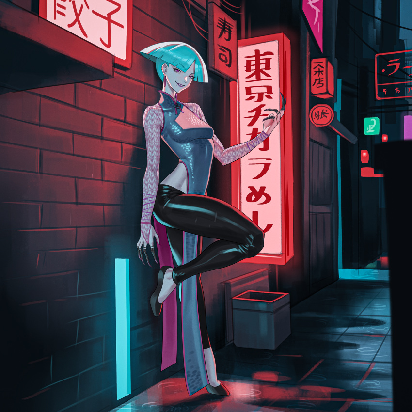 1girl a.k.i._(street_fighter) absurdres against_wall alley black_pants breasts china_dress chinese_clothes claw_ring dress earrings grey_hair grin highres jewelry leg_up looking_at_viewer neon_lights pants pelvic_curtain pink_eyes seventeencrows smile smirk solo street_fighter street_fighter_6 tassel tassel_earrings yoga_pants