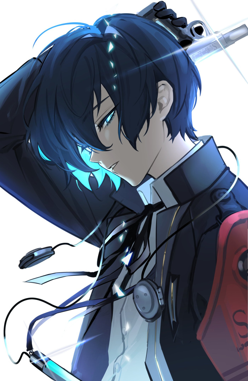 1117_shimo 1boy armband black_gloves black_jacket black_ribbon blue_eyes blue_hair collared_shirt digital_media_player evoker gekkoukan_high_school_uniform gloves gun hair_between_eyes highres holding holding_gun holding_weapon jacket looking_at_viewer male_focus neck_ribbon open_clothes open_jacket parted_lips persona persona_3 persona_3_reload red_armband ribbon school_uniform shirt simple_background solo weapon white_background white_shirt yuuki_makoto_(persona_3)