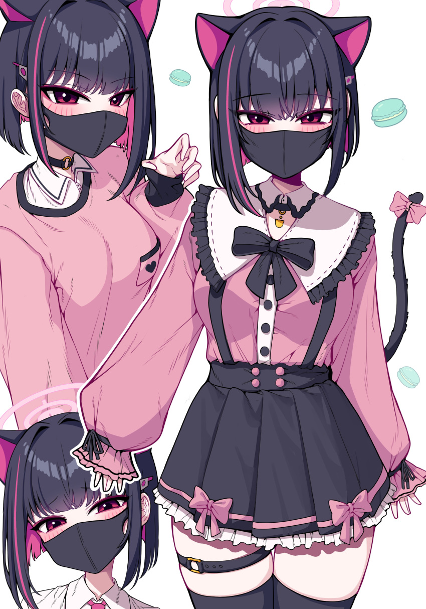 1girl absurdres animal_ears belt black_bow black_bowtie black_hair black_mask black_skirt black_thighhighs blue_archive blush bow bowtie cat_ears cat_girl cat_tail claw_pose cowboy_shot extra_ears food halo high-waist_skirt highres jirai_kei kazusa_(blue_archive) legs_together long_sleeves looking_at_viewer macaron mask medium_hair metaljelly mouth_mask multicolored_hair multiple_views petticoat pink_eyes pink_hair pink_shirt pleated_skirt shirt shirt_tucked_in sidelocks simple_background skindentation skirt sleeves_past_wrists straight-on streaked_hair suspender_skirt suspenders tail thick_thighs thigh_belt thigh_strap thighhighs thighs white_background zettai_ryouiki